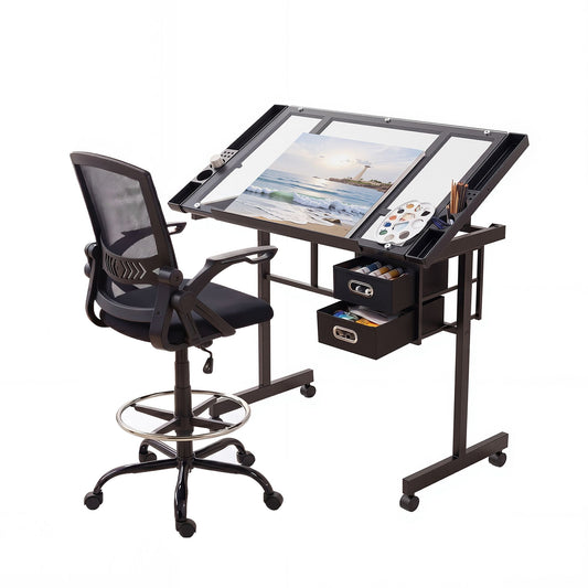 Artiss Drawing Table with Ergonomic Office Chair, Drafting Tables with Tempered Glass Desktop, Removable Drawers, Drafting Stool with Height Adjustable for Artwork Painting Studio