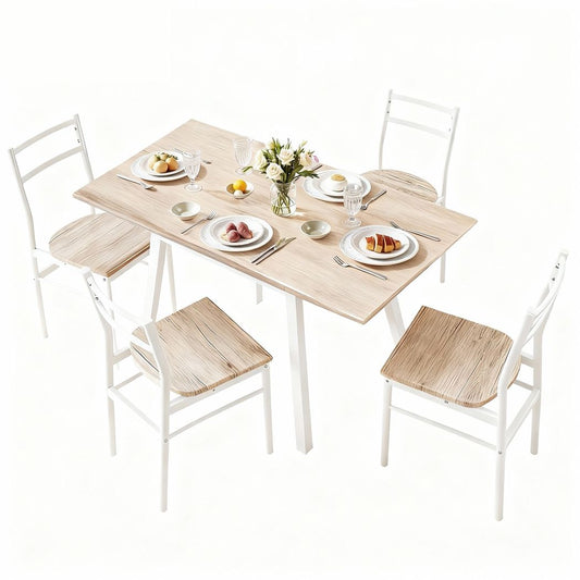 Artiss Dining Table and Chairs Set 5pcs with Extendable 60-120cm Drop-Leaf Table Natural White