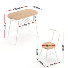 Artiss Oval Dining Table Set 3PC Space-Saving Bistro Kitchen Storage Wine Rack Natural White