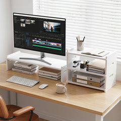 Artiss Monitor Stand and 3-Tier Desk Organiser 2-in-1 Modular Computer Monitor Riser PVC Desktop Shelf Holds 20kg for Office Students Gaming