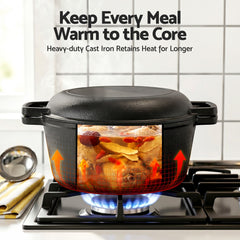 5-Star Chef 5L 2-In-1 Pre-Seasoned Cast Iron Dutch Oven Pot with Lid and Dual Handles for Sourdough Bread Baking