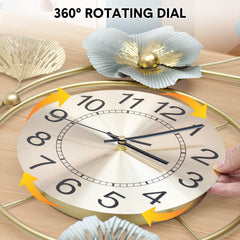 Large Wall Clock 22cm Metal Silent Non Ticking Decoration Hanging Clock Battery Operated with 3D Ginkgo Leaf Design for Living Room Bedroom Home Office