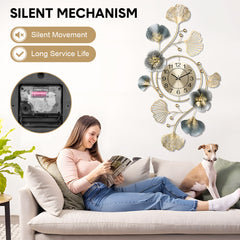 Large Wall Clock 22cm Metal Silent Non Ticking Decoration Hanging Clock Battery Operated with 3D Ginkgo Leaf Design for Living Room Bedroom Home Office