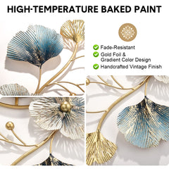 Large Wall Clock 22cm Metal Silent Non Ticking Decoration Hanging Clock Battery Operated with 3D Ginkgo Leaf Design for Living Room Bedroom Home Office
