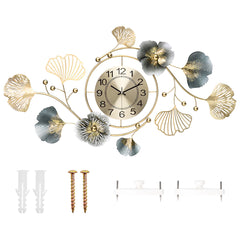 Large Wall Clock 22cm Metal Silent Non Ticking Decoration Hanging Clock Battery Operated with 3D Ginkgo Leaf Design for Living Room Bedroom Home Office
