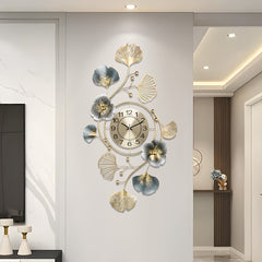 Large Wall Clock 22cm Metal Silent Non Ticking Decoration Hanging Clock Battery Operated with 3D Ginkgo Leaf Design for Living Room Bedroom Home Office
