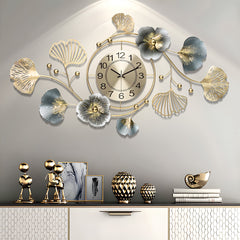 Large Wall Clock 22cm Metal Silent Non Ticking Decoration Hanging Clock Battery Operated with 3D Ginkgo Leaf Design for Living Room Bedroom Home Office