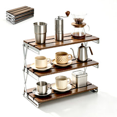 3 Tier Foldable Storage Rack Wooden Desk Shelf with Height Adjustable Steel Frame 6kg Load Capacity per Shelf for Indoor Household Storage Outdoor Camp