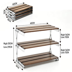 3 Tier Foldable Storage Rack Wooden Desk Shelf with Height Adjustable Steel Frame 6kg Load Capacity per Shelf for Indoor Household Storage Outdoor Camp