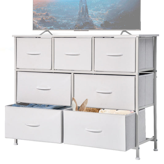 Multipurpose Chest of Drawers 7 Drawer Fabric Dresser TV Stand Max Load 110lbs with Wood Top and Easy Pull Handle for Living Room Bedroom Entryway White