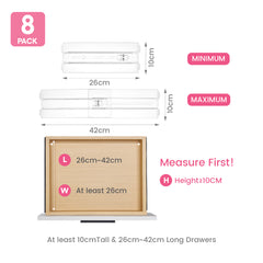 8 Pack Adjustable Drawer Dividers 4cm High Clear Drawer Organizer 26-42cm Expandable with Silicone Pads Ends for Underwear Socks Clothes Kitchen Utensils