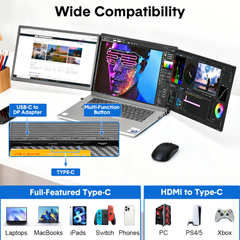 15.6" Laptop Screen Dual Monitor Extender Portable 1080P IPS USB-C Plug and Play Fits 10-17.3Inch Laptops Compatible with Windows Mac Chrome Android Linus