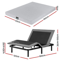 Artiss Double Bed Frame and Giselle Bedding Double Memory Foam Mattress Set, Electric Bed Base with Zero Gravity & 7 Zone Cooling Comfort for Back Pain Relief, Black & Grey,15cm Thickness