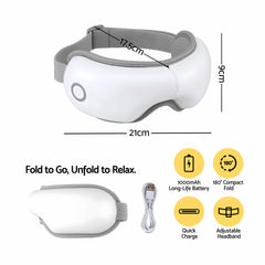 Livemor Eye Massager with Heat & Vibration | 180° Foldable Electric Eye Heat Mask with Bluetooth Music for Fatigue Relief | Rechargeable 3D Wrap-Around Temple Massager, White
