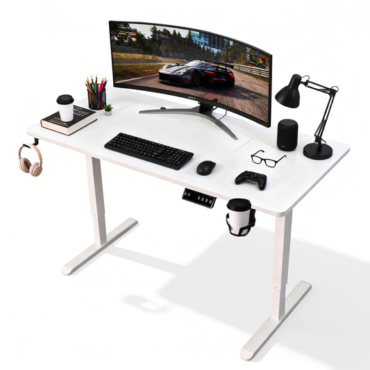 Electric Standing Desk Ergonomic Sit Stand Desk 70-115cm Height Adjustable with Side Hooks Motorized Home Office Computer Workstation 55x24Inch White