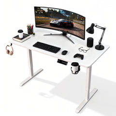Electric Standing Desk Ergonomic Sit Stand Desk 70-115cm Height Adjustable with Side Hooks Motorized Home Office Computer Workstation 55x24Inch White