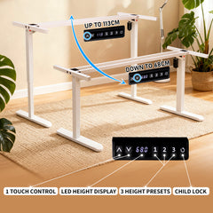 Electric Standing Desk Ergonomic Sit Stand Desk 70-115cm Height Adjustable with Side Hooks Motorized Home Office Computer Workstation 55x24Inch White