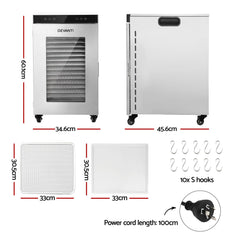 Devanti Food Dehydrator Stainless Steel Fruit Dryer 16 Tray Silver