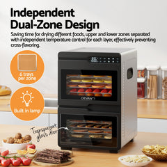 Devanti 12 Trays Food Dehydrator Dual-Zone Stainless Steel Fruit Jerky Dryer