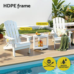 Gardeon Outdoor Table and Chairs HDPE Folding Adirondack Beach Chair Patio Furniture White
