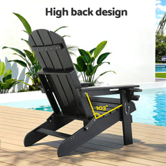 Gardeon Outdoor Chairs Folding Adirondack Beach Chair HDPE Sun Lounge Patio Furniture Garden Black