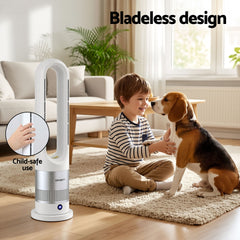 Devanti Bladeless Tower Fan Heater and Cooler 2in1 Portable Oscillation Fan for Bedroom Room Office Use White