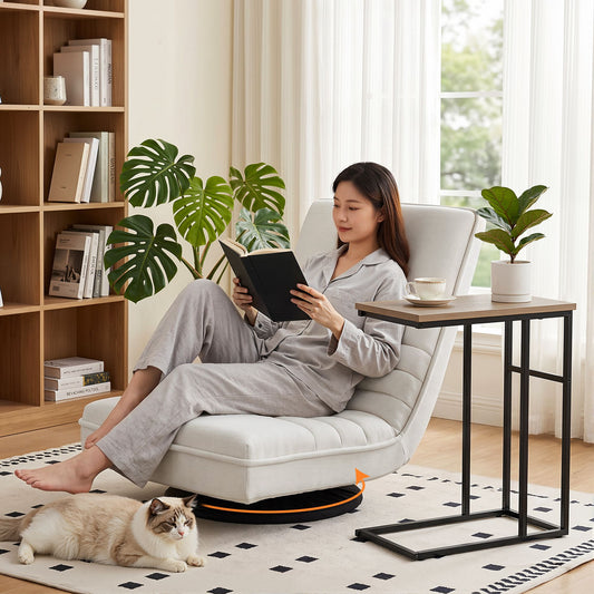 Artiss Floor Lounge & Coffee Table Set, Swviel Foldable Linen Sofa Chair White, C-Shaped Side Table Walnut