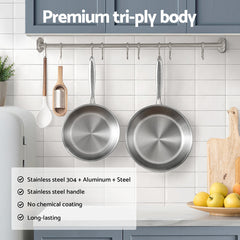 5-star Chef Frying Pan Stainless Steel Uncoated Twin Frypan Set 25/30cm Silver