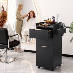 Artiss Professional Salon Station Rolling Cart, Hair Styling Beauty Cabinet with 2 Drawers, Large Supply Cabinet & 3 Appliance Holders, Wood Barber Spa Trolley with 360° Wheels for Skincare & Vanity, Black