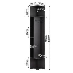 Artiss Corner Bookshelf 6-Tier Shelving with Coat Rack Black