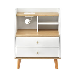 Artiss Bedside Table 2 Drawers Charging Station White and Pine