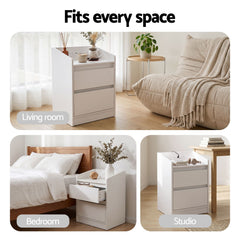 Artiss Bedside Table Nightstand with Charging Station 2 Drawers LED White