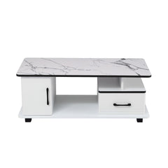 Artiss Coffee Table Marble Finish Center Table with Storage Drawer Cabinet Wood White