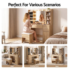 Artiss Dressing Table Vanity Desk LED Mirror Stool Set Charging Station Glass Top Rotating Shelf Wood