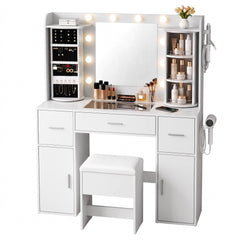 Artiss Dressing Table Vanity Desk LED Mirror Stool Set Charging Station Glass Top Rotating Shelf White