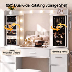 Artiss Dressing Table Vanity Desk LED Mirror Stool Set Charging Station Glass Top Rotating Shelf White