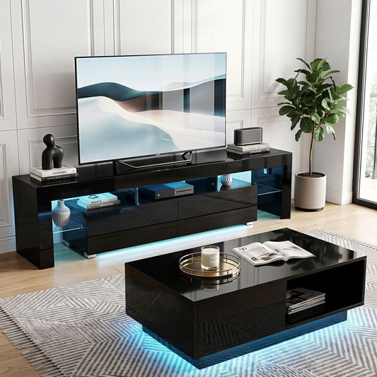 Artiss LED TV Unit & Coffee Table Set Storage Cabinet Black