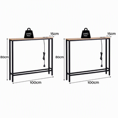 Artiss Set of 2 Narrow Sofa Console Tables with Charging Station, Wood