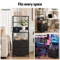 Artiss Bedside Table Tall Nightstand with Charging Station Drawers LED Black