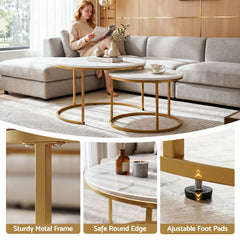 Artiss Nesting Coffee Table Set of 2 Round Marble Effect 70/50cm White & Gold