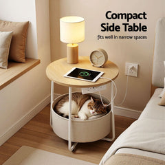Artiss Round Coffee Table Side End Table Charging Station Storage Basket