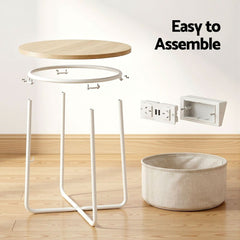 Artiss Round Coffee Table Side End Table Charging Station Storage Basket