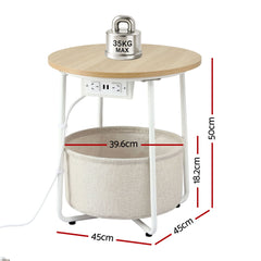 Artiss Set of 2 Round Coffee Table Bedside Side End Table Charging Station Storage Basket