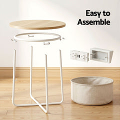 Artiss Set of 2 Round Coffee Table Bedside Side End Table Charging Station Storage Basket