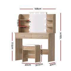 Artiss Dressing Table Set Stool 10 Led Bulbs Wood