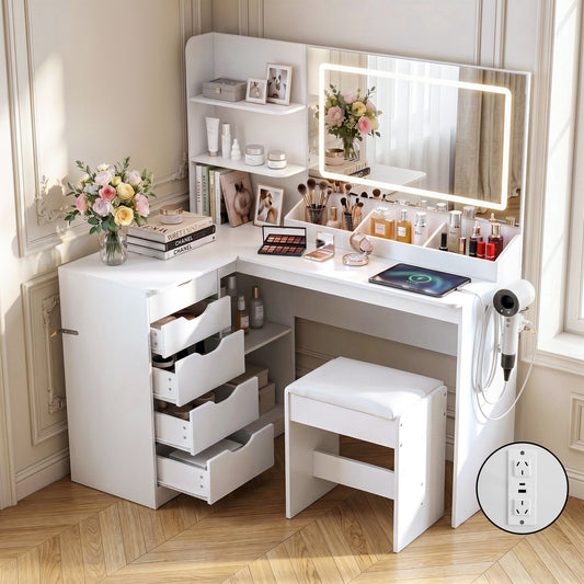 Artiss Dressing Table Corner Vanity Desk Set Stool LED Charging Station White