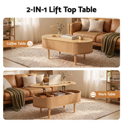 Artiss Lift Top Coffee Table Fluted Centre Table with Hidden Storage Oval 100cm