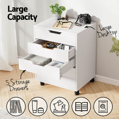 Artiss 5-Drawer Filing Cabinet Mobile Rolling Storage Cabinet Chest of Drawers Stand White