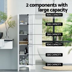 Artiss 2X Bathroom Storage Cabinet 160cm Tall Slim Floor Cupboard Toilet Glass Door White