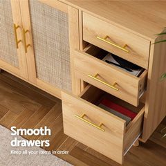 Artiss Buffet Sideboard Hutch Storage Cabinet Kitchen Cupboard Hooks Rattan Pine